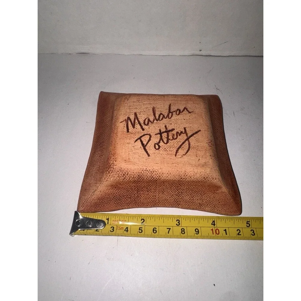 Signed Malabar Pottery Clay Stamped Leaves 5” Square Trinket Dish Plate Florida